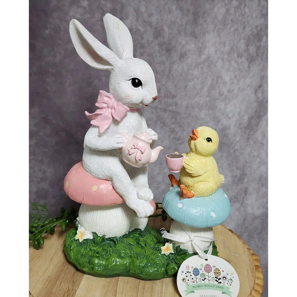 Easter Bunny Rabbit Chick Sitting‎ on Mushrooms Tea Party Figurine Decor 9" NEW